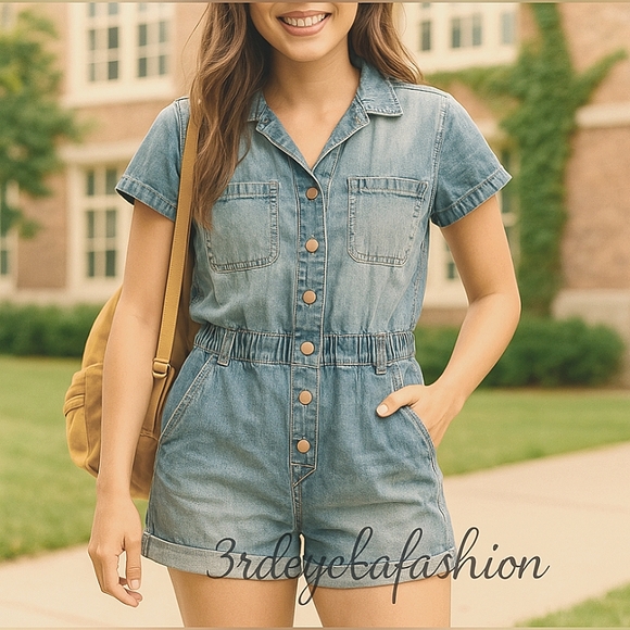 ✨ Celebrity Pink Denim Romper Medium (7-9) Juniors Cute Casual 👖☀️ - Picture 4 of 12